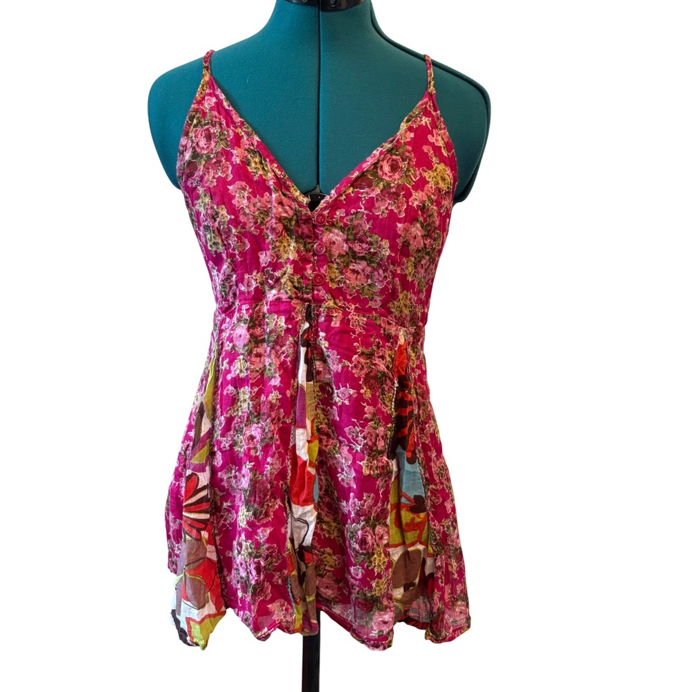 Y2K Boho Patchwork Cami Top Pink Floral Fair Trade Smocked Back Large
